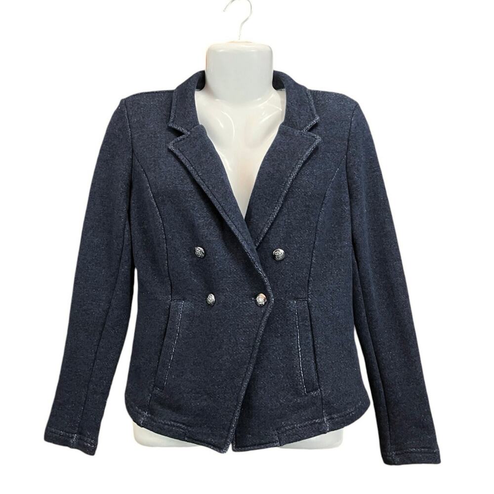 Tribal Jeans Women's Navy Faux Double Breasted Crest Buttons Knit Blazer SZ M - Picture 3 of 11